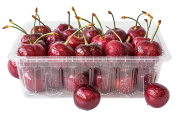 Cherries in the plastic shop package isolated on transparent background. Png and jpeg files. Profile view on plastic transparent container with fresh red berries.
