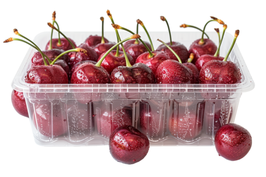 Cherries in the plastic shop package isolated on transparent background. Png and jpeg files. Profile view on plastic transparent container with fresh red berries.
