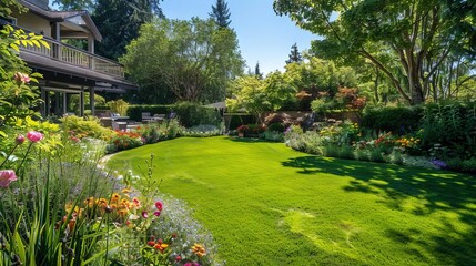 Lush Garden Design with Vibrant Flowers, Well-Manicured Lawn, and Sustainable Maintenance Practices, Showcasing the Beauty of Nature