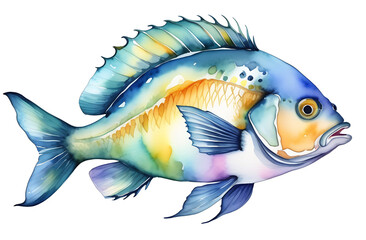 Fototapeta premium One watercolor colorful sea fish isolated on transparent background. Rainbow colors underwater dweller.