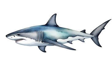 Fototapeta premium One watercolor cartoon sea shark isolated on transparent background. Dangerous underwater dweller, profile view.