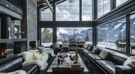 A large living room with black leather sofas, white fur throw pillows and a coffee table in front of the fireplace, floor-to-ceiling windows overlooking snow capped mountains outside - obrazy, fototapety, plakaty