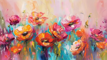 Modern abstract floral paintings, vibrant oils on canvas, brushstrokes and texture