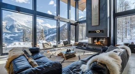 A large living room with black leather sofas, white fur throw pillows and a beige rug on the floor. Tall windows overlooking snowy mountains in winter