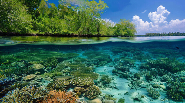 A coastal ecosystem with mangrove forests and coral reefs teeming with marine life