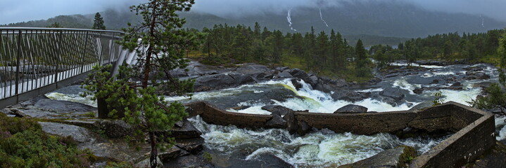 Waterfall Likholefossen on the river Saeta at the scenic route Gaularfjellet in Norway, Europe
