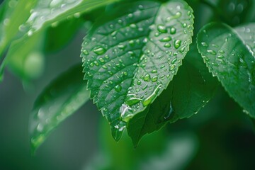 Nature Close-Up. Green Botanical Leaf with Water Droplets - Closeup Flora Macro Photography