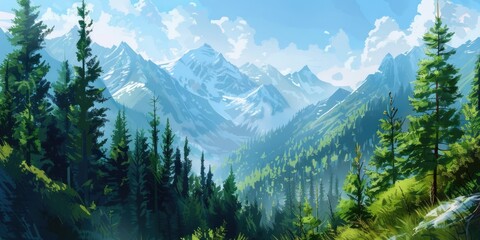 Trees Landscape. Stunning Mountainous Landscape with Pine Trees and Clear Sky - obrazy, fototapety, plakaty
