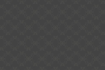 Seamless abstract pattern. Fantasy ornament with leaves and curls. Gray ornament on a black background for printing on fabric, appliques and cards. Flyer background design, advertising background, fab