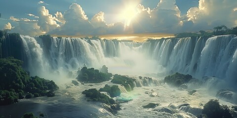 panoramic landscape with view of the large waterfall - obrazy, fototapety, plakaty