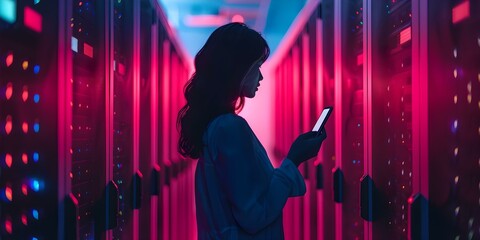 A woman in a server room using a mobile phone surrounded by technology and entering commands. Concept Technology, Server Room, Mobile Phone, Commands, Working Woman