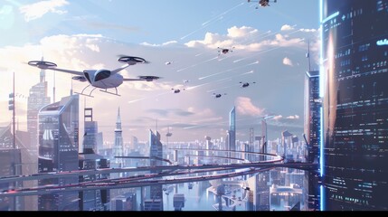 Urban air mobility solutions, flying taxis above the cityscape, reducing ground traffic low noise - obrazy, fototapety, plakaty