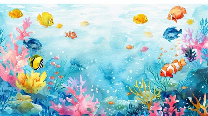 Fototapeta na wymiar Whimsical underwater seascape with vibrant coral reef and tropical fish, watercolor illustration