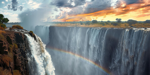 panoramic view of large beautiful waterfall