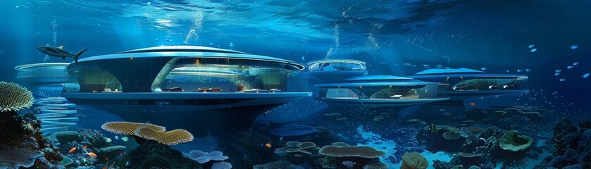 Underwater cities, architecture and living spaces, pioneering ocean colonization low noise