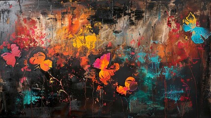 Contemporary abstract painting, metal texture, floral and animal elements, expressive brushstrokes - obrazy, fototapety, plakaty