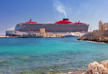 Ships in the port of Rhodes on a sunny day.