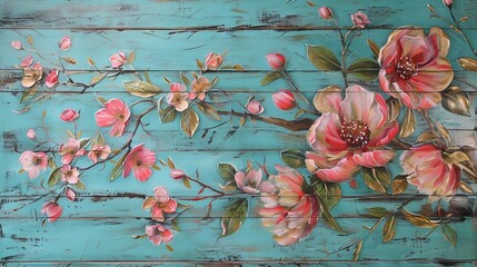 Enchanting Handcrafted Floral Array Delicately Painted on a Turquoise Wooden Canvas