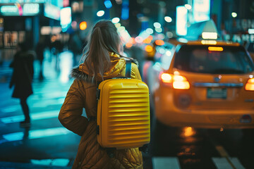 a woman with a yellow suitcase is walking down a city street at night