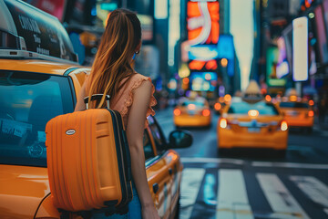 a woman with a yellow suitcase going at yellow taxi
