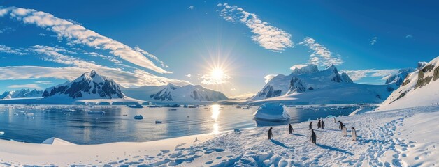 a group of penguins frolicking on the snow-covered ground against the backdrop of majestic blue mountains, tranquil waters dotted with floating icebergs, and the radiant sun shining brightly - obrazy, fototapety, plakaty