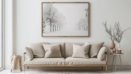 A large portrait picture frame with a white wooden frame hangs on the wall of an empty living room