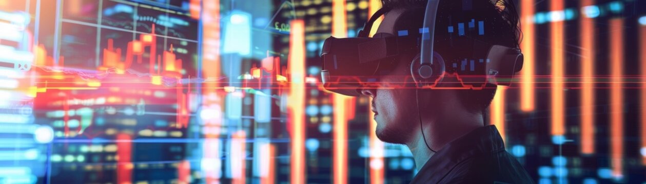 Future of stock trading, speculative visualization of virtual reality trading and immersive investment experiences hyper realistic