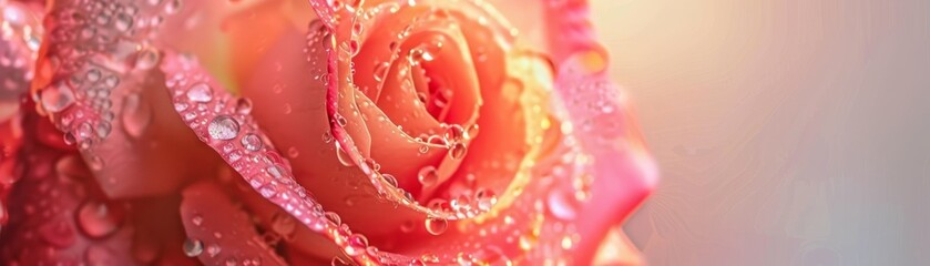 Dewcovered rose at dawn, closeup, vibrant colors, soft background low noise - obrazy, fototapety, plakaty