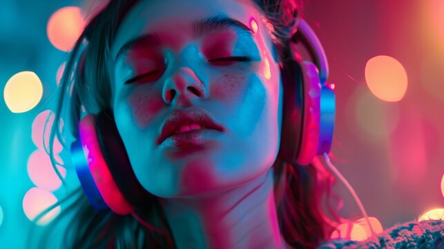 young woman with headphones and neon lights generative ai