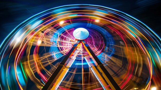 Vibrant Ferris Wheel at Night with Colorful Long Exposure Lights. Capturing Motion and Funfair Excitement in a Single Frame. Ideal for Background and Artistic Use. AI