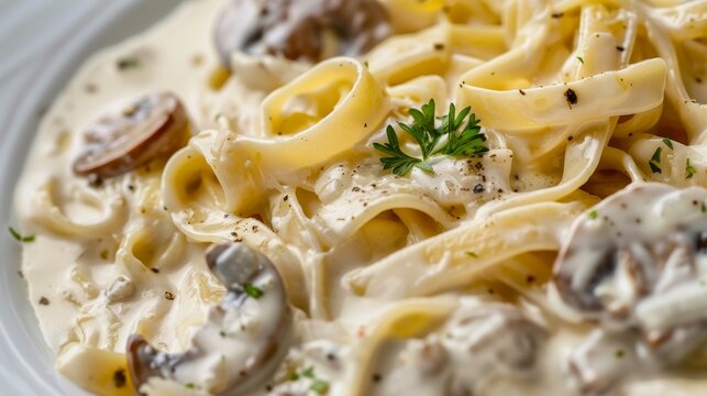 Delicious gourmet pasta closeup, creamy sauce detail, culinary photography, food presentation low texture
