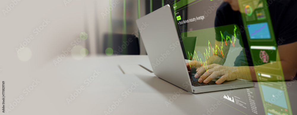 Aufkleber a businessman working laptop computer show stock market chart to check and analyzing market data sto