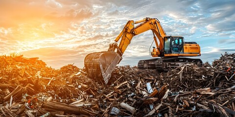 Excavator using log grab crane to recycle construction waste at landfill for secondary raw wood waste recycling. Concept Excavator, Log Grab Crane, Construction Waste Recycling, Landfill