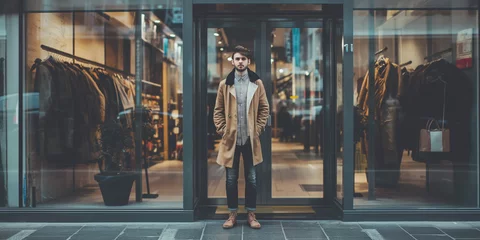Rolgordijnen Man in camel coat standing in front of a clothing store. © Alena