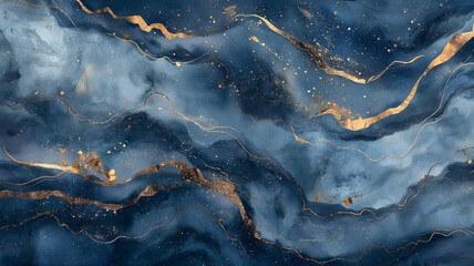 A painting of a blue ocean with gold streaks and swirls