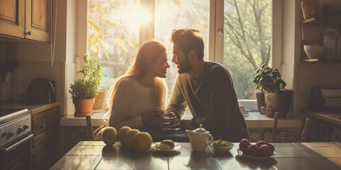Couple at a sunlit kitchen table holding hands lovingly. - obrazy, fototapety, plakaty