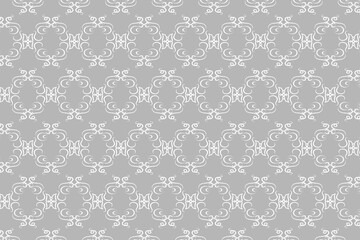Seamless abstract pattern. Fantasy ornament with leaves and curls. White ornament on a light gray background for printing on fabric, appliques and cards. Flyer background design, advertising backgroun