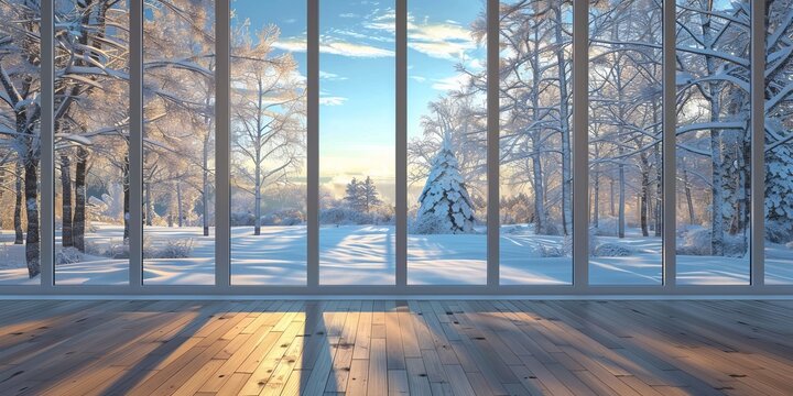 Fototapeta A large window with an open view of snow-covered trees and a clear sky, creating a serene winter landscape