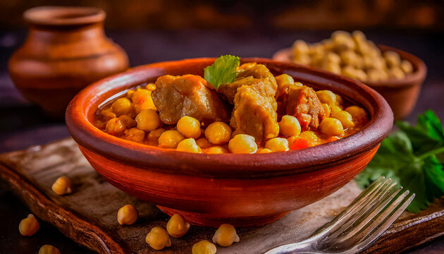 guiso de garbanzos en plato de barro