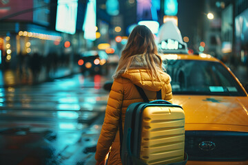 a woman with a yellow suitcase on city street at night waiting a taxi
