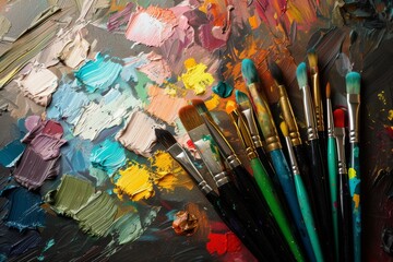 Fototapeta premium Colorful array of paintbrushes and paints on an artist's palette, vibrant and dynamic composition.