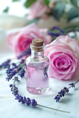A serene image of a clear glass bottle filled with lavender essential oil, encircled by delicate pink roses on a pristine white background, emanating a sense of calm and relaxation.