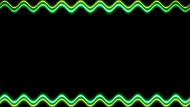 Long rectangular horizontal wavy colorful yellow green neon flashing long lines on black background. Space for your own content.