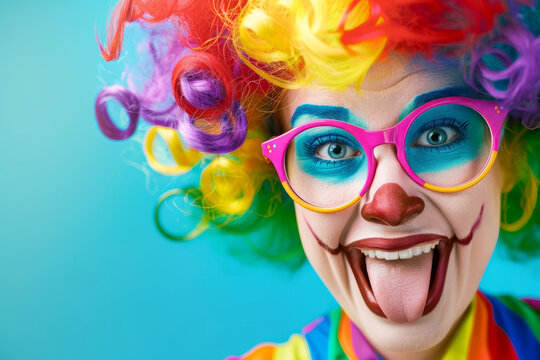 Cheerful clown with colorful wig and tongue out on blue background