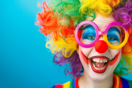 Funny clown with colorful wig and tongue out on blue background