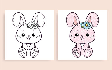 Obraz na płótnie Canvas cute animals coloring page vector illustration with rabbit