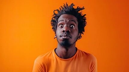 Black African American man with curly hair looking confused while bulging his eyes in an orange shirt on an orange background with negative space or empty space for text - obrazy, fototapety, plakaty