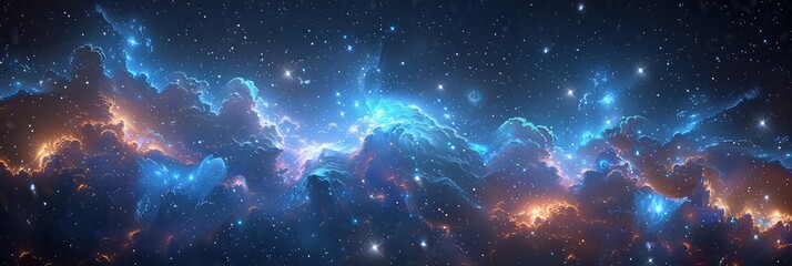 A breathtaking space background depicting a cosmic nebula in vibrant hues of blue and purple, with swirling clouds of stardust and distant galaxies, digital art illustration - obrazy, fototapety, plakaty