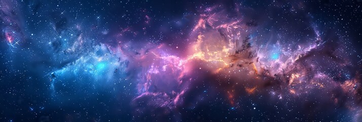 A breathtaking space background depicting a cosmic nebula in vibrant hues of blue and purple, with...