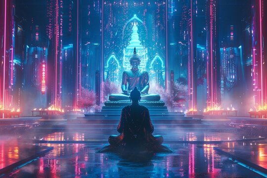 Challenge convention with our surreal depiction of a cyborg deity presiding over a virtual temple of worship, 8K